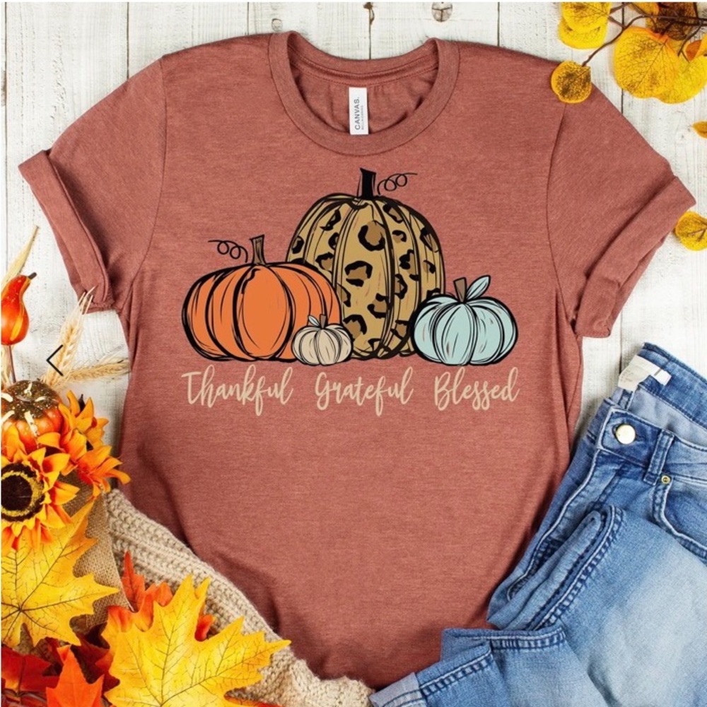 Farmhouse Rustic Thankful Grateful Blessed Fall Pumpkin Thanksgiving Cotton Top